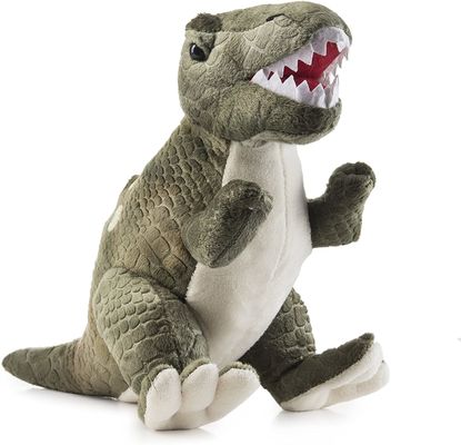 Het groene stuk speelgoed van de Tyrannosauruspluche met lang gericht die de pluchestuk speelgoed van de tandena dinosaurus van in reliëf gemaakte het scheren pluche wordt gemaakt